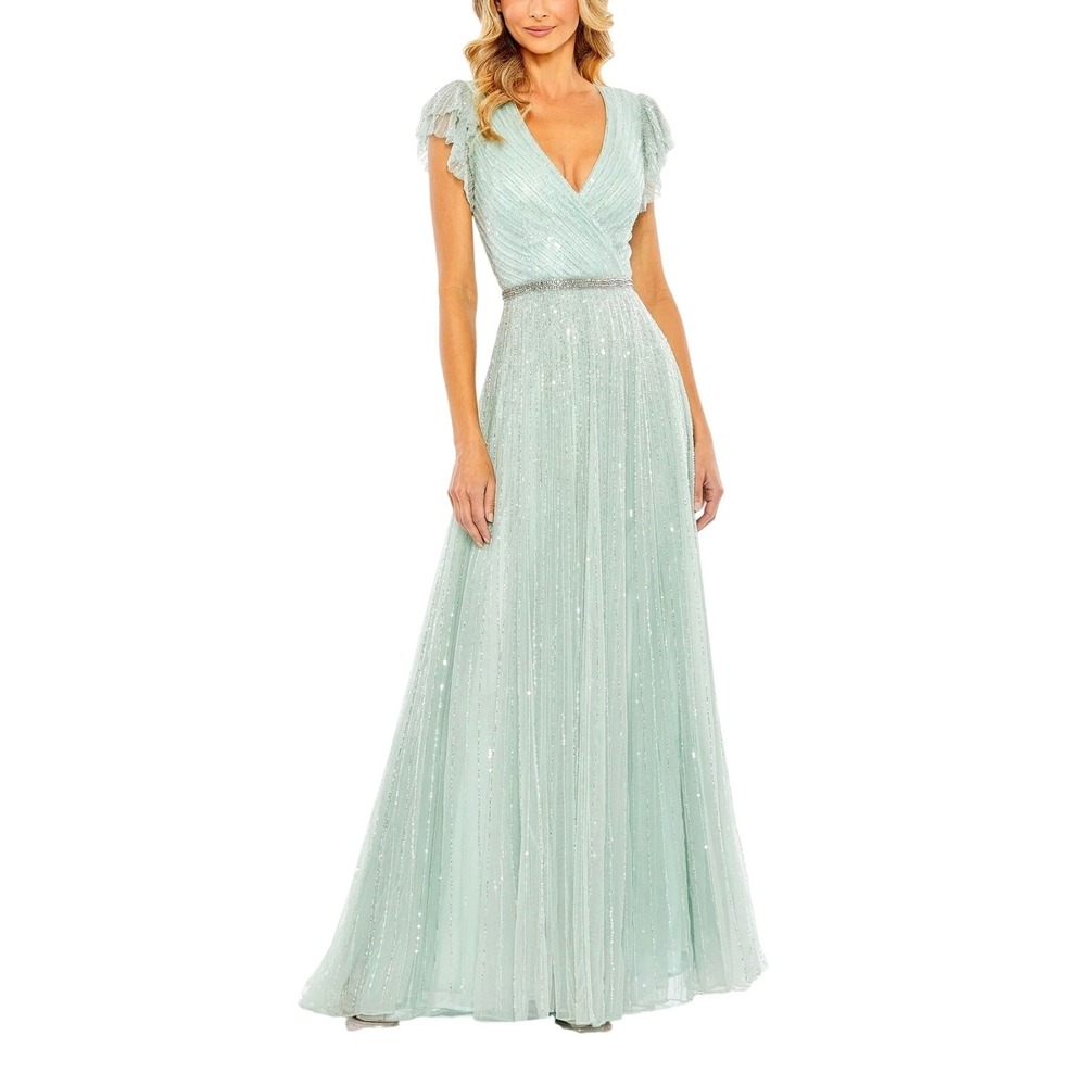 Mac Duggal 5502 Sequin Stripe Ruffled Cap Sleeve Gown Seafoam Green Size 6
